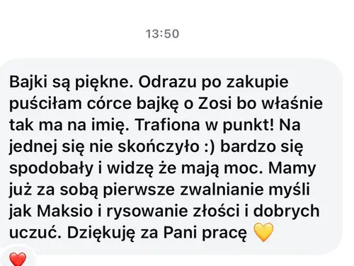 Zrzut ekranu wiadomości od rodzica opisującej reakcję dziecka na audiobajki
