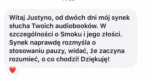 Zrzut ekranu wiadomości od rodzica z podziękowaniem za audiobajki terapeutyczne