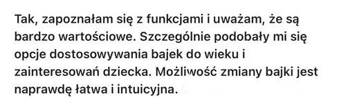 Opinia rodzica o audiobajkach terapeutycznych - zrzut ekranu wiadomości