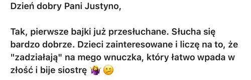 Opinia rodzica o audiobajkach terapeutycznych - zrzut ekranu wiadomości