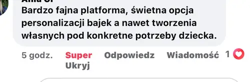 Opinia rodzica o audiobajkach terapeutycznych - zrzut ekranu wiadomości