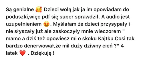 Opinia rodzica o audiobajkach terapeutycznych - zrzut ekranu wiadomości