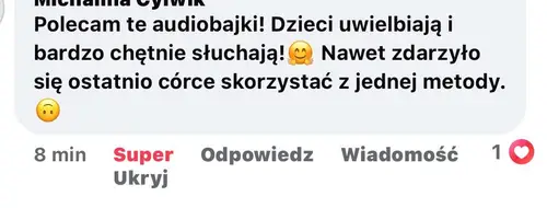 Opinia rodzica o audiobajkach terapeutycznych - zrzut ekranu wiadomości