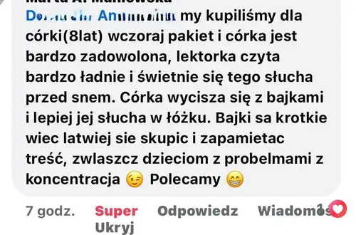 Opinia rodzica o audiobajkach terapeutycznych - zrzut ekranu wiadomości