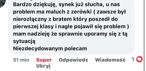 Opinia rodzica o audiobajkach terapeutycznych - zrzut ekranu wiadomości