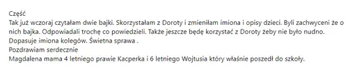Opinia rodzica o audiobajkach terapeutycznych - zrzut ekranu wiadomości