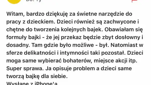 Opinia rodzica o audiobajkach terapeutycznych - zrzut ekranu wiadomości