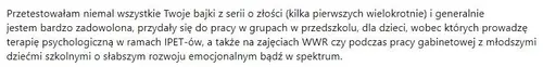 Opinia rodzica o audiobajkach terapeutycznych - zrzut ekranu wiadomości