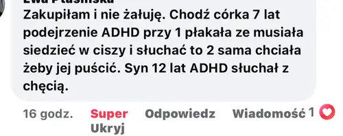 Opinia rodzica o audiobajkach terapeutycznych - zrzut ekranu wiadomości