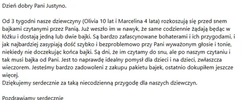 Opinia rodzica o audiobajkach terapeutycznych - zrzut ekranu wiadomości