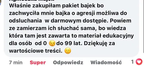 Opinia rodzica o audiobajkach terapeutycznych - zrzut ekranu wiadomości