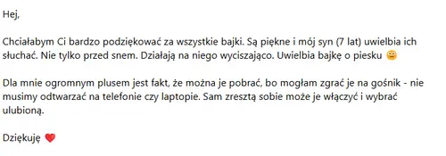 Opinia rodzica o audiobajkach terapeutycznych - zrzut ekranu wiadomości