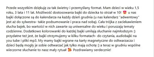 Opinia rodzica o audiobajkach terapeutycznych - zrzut ekranu wiadomości