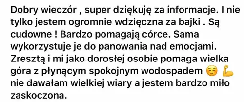 Opinia rodzica o audiobajkach terapeutycznych - zrzut ekranu wiadomości