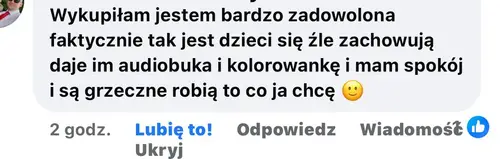 Opinia rodzica o audiobajkach terapeutycznych - zrzut ekranu wiadomości