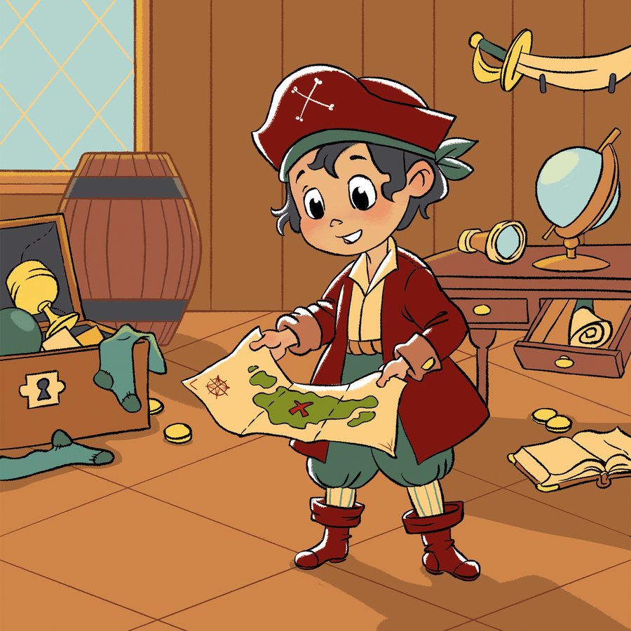 Ilustracja z bajki: kapitan Jacek, młody pirat z mapą skarbów