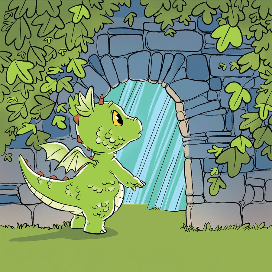 Ilustracja z bajki: mały smok Kajtek przy kamiennej bramie