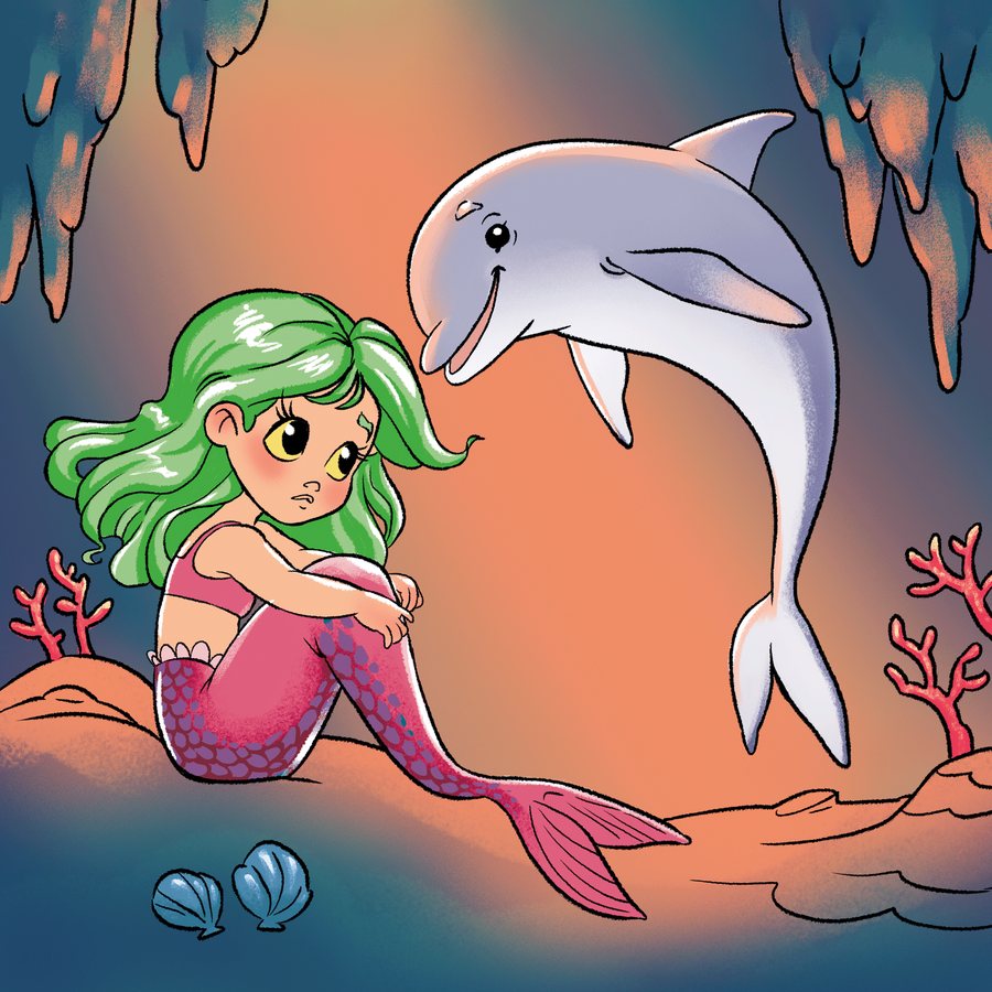 Ilustracja z bajki: syrenka Zuzanna z delfinem Filipem