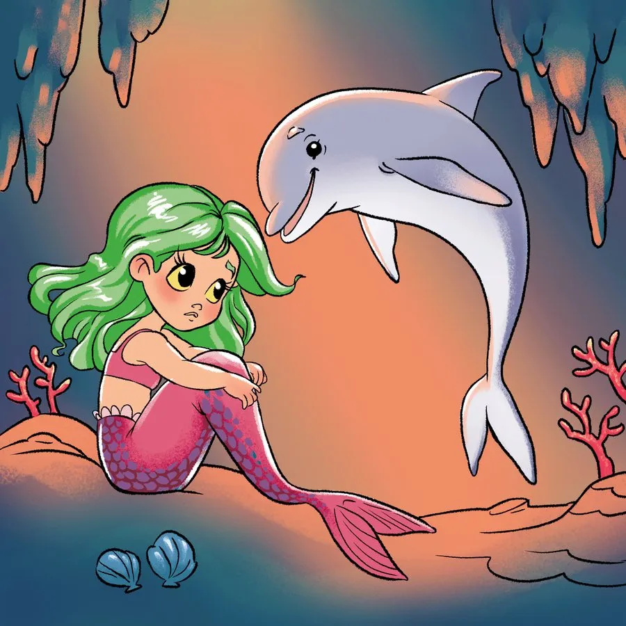 Ilustracja z bajki: syrenka Zuzanna z delfinem Filipem