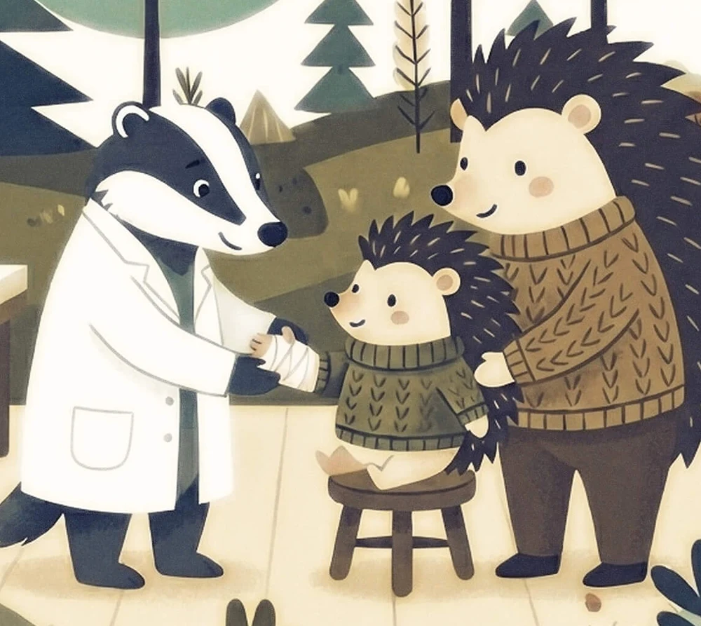 Ilustracja z bajki: Ignaś siedzi na stołku z zabandażowaną łapką, doktor Borsuk kończy opatrunek.