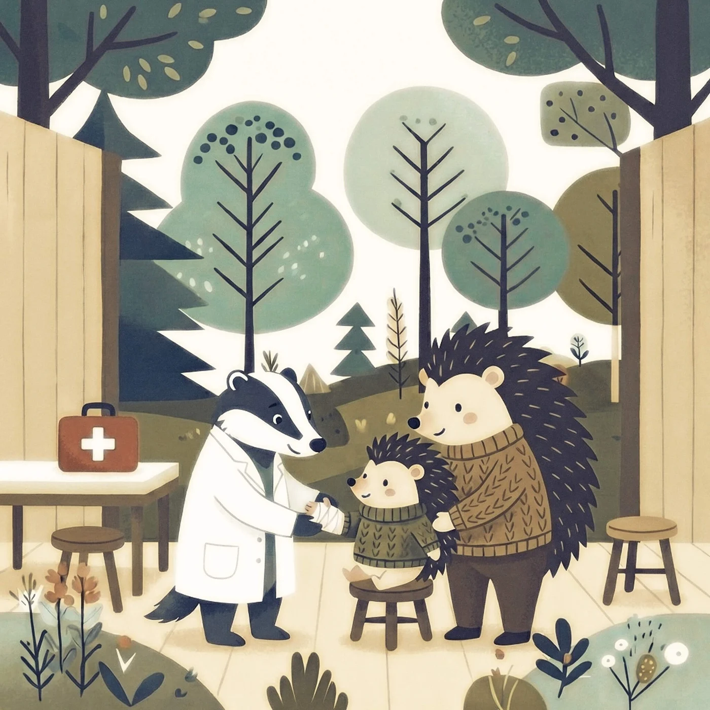 Ilustracja z bajki: doktor Borsuk opatruje łapkę Ignasia w Leśnej Przychodni, tata jeż stoi obok.
