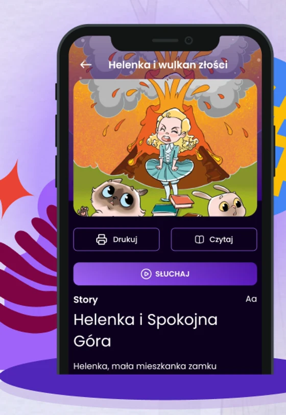 Ekran aplikacji Open Tales z audiobajką „Helenka i wulkan złości”