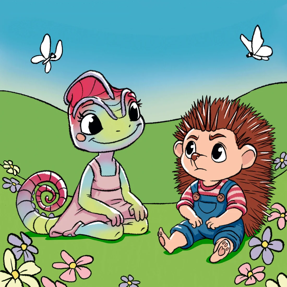 Ilustracja: tęczowy kameleon i jeżyk siedzą razem na kwietnej łące, bohaterowie bajki o nazywaniu uczuć