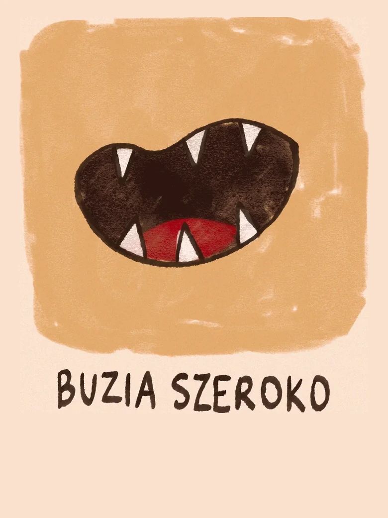 Rysunek: szeroko otwarta buzia z widocznymi ząbkami