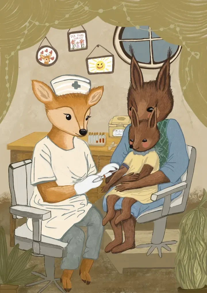 Ilustracja: wiewiórka Tosia podczas pobierania krwi