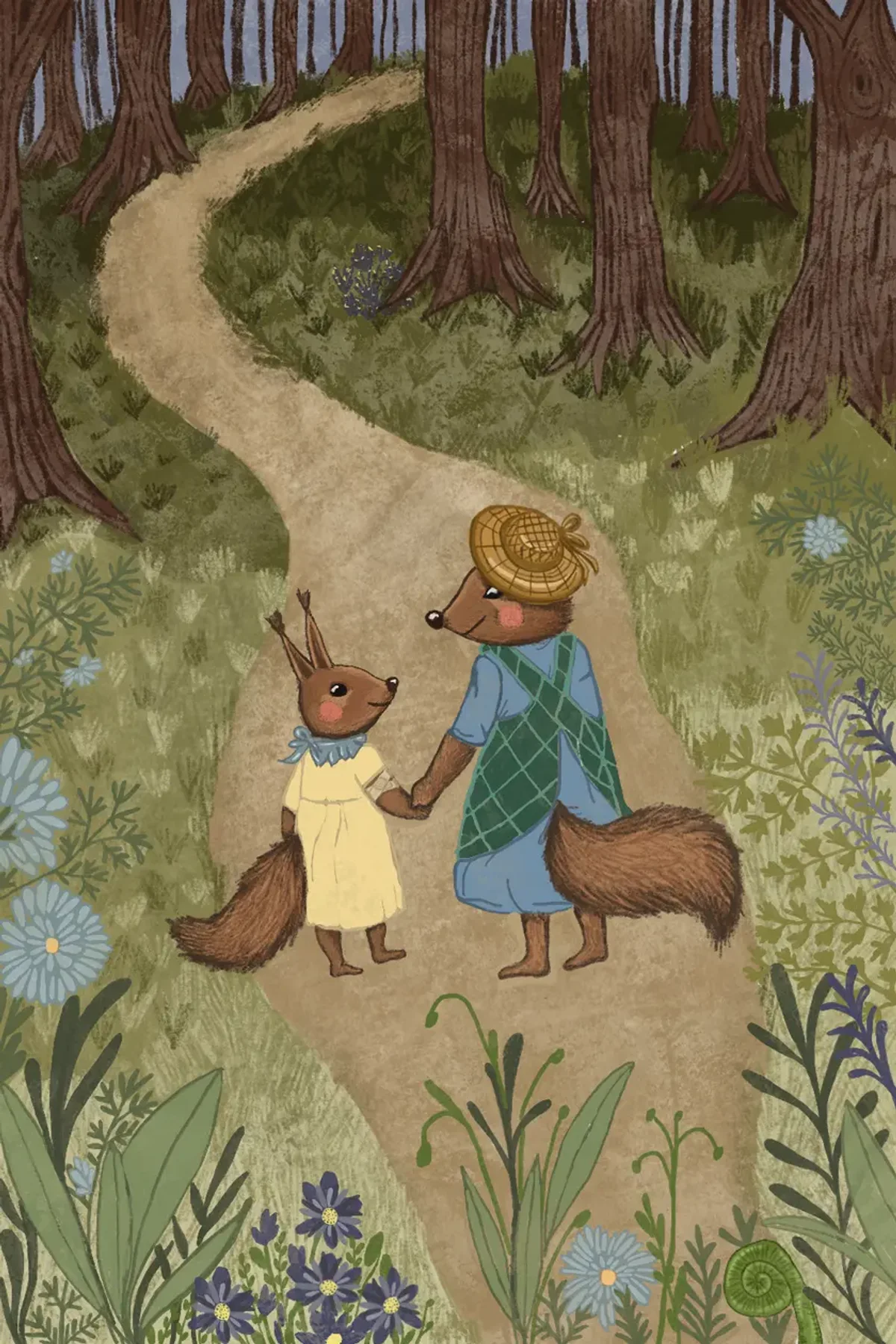 Ilustracja z bajki: Tosia idzie z mamą za rękę leśną ścieżką