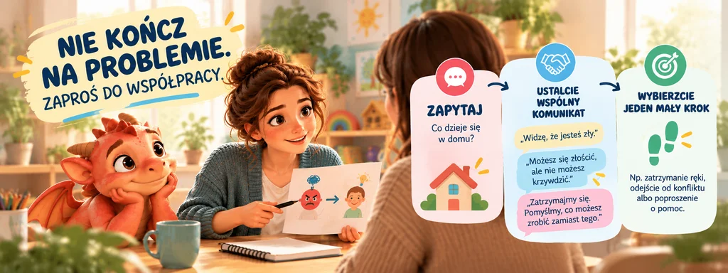 Z poradnika: nie kończ na problemie, zaproś do współpracy - zapytaj, ustalcie wspólny komunikat, wybierzcie jeden mały krok