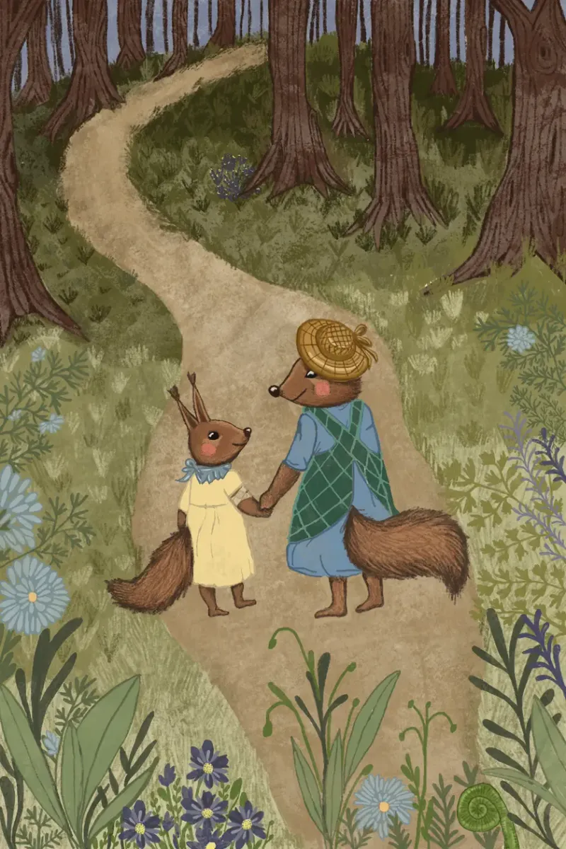Ilustracja z serii Leśni Bohaterowie: dorosła wiewiórka prowadzi małą wiewiórkę za rękę leśną ścieżką