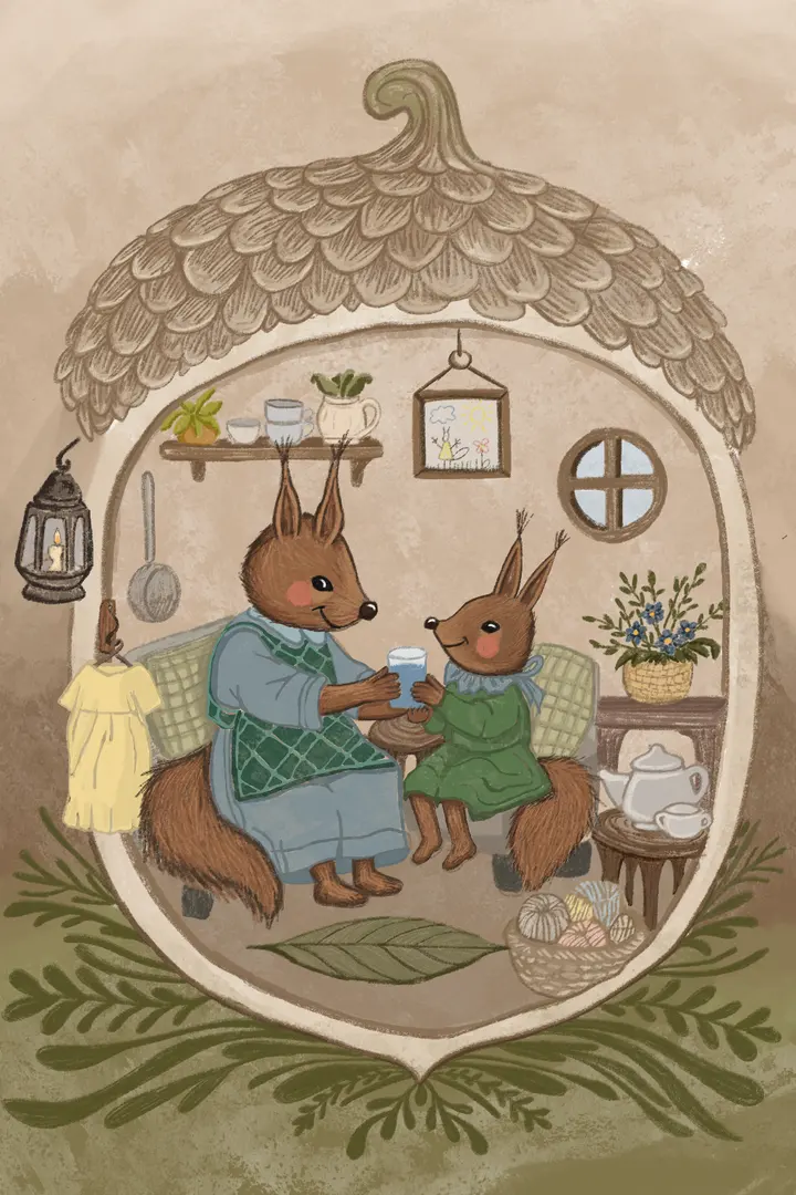 Ilustracja z bajki: przytulna dziupla w żołędziu - mama i Tosia przy herbacie