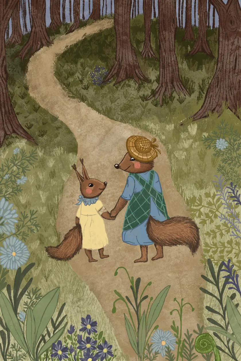 Ilustracja z bajki: mama wiewiórka prowadzi Tosię za rękę leśną ścieżką