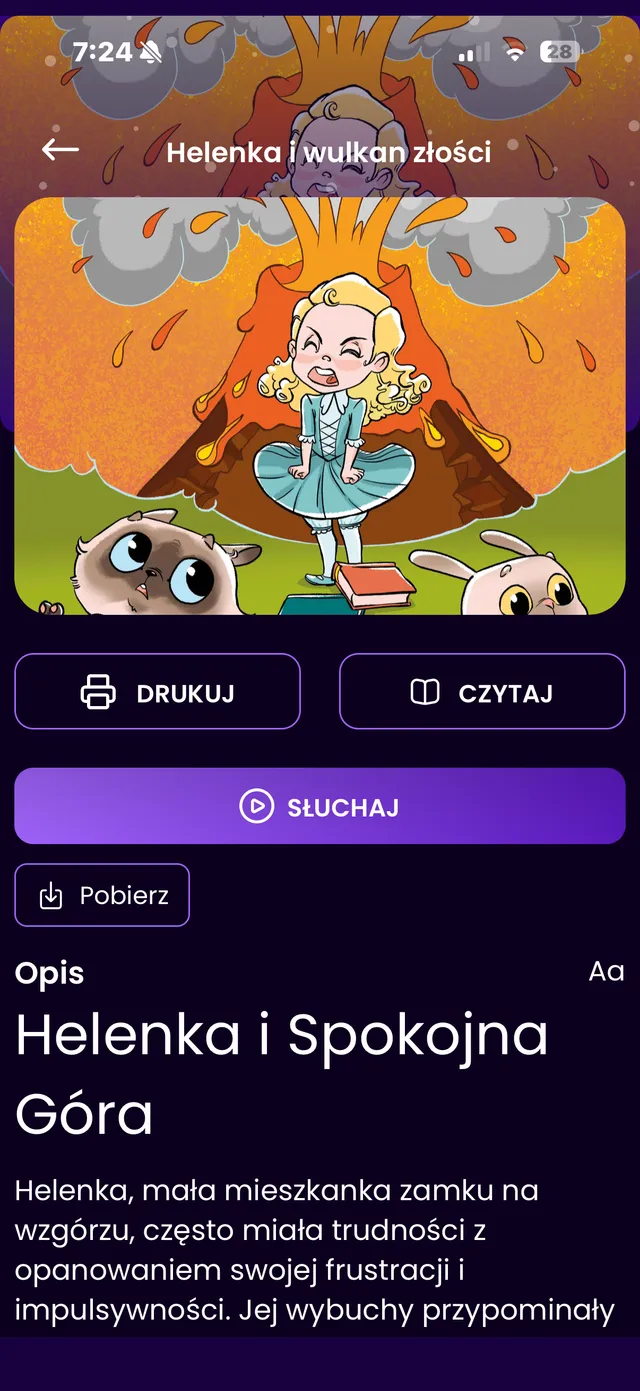 Ekran bajki «Helenka i wulkan złości» w aplikacji Open Tales: dziewczynka w złości przy wybuchającym wulkanie