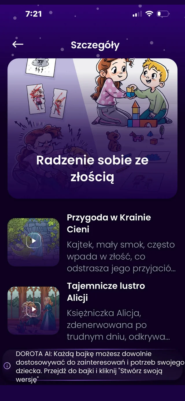 Ekran aplikacji z serią „Radzenie sobie ze złością” i opisami bajek