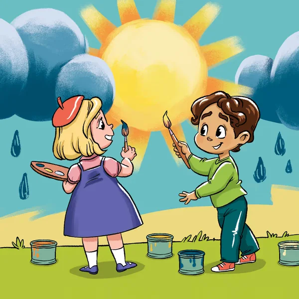 Ilustracja z bajki: dzieci malują słońce nad deszczowymi chmurami