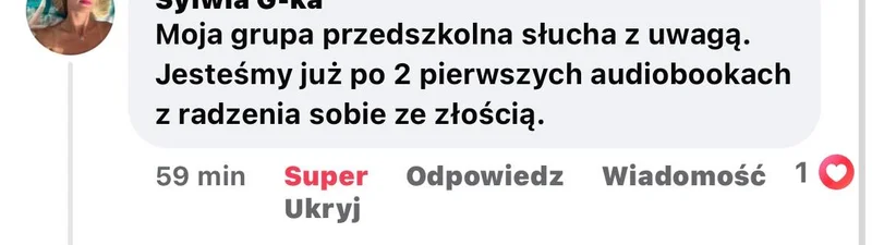 Komentarz nauczycielki: grupa przedszkolna z uwagą słucha audiobooków o radzeniu sobie ze złością