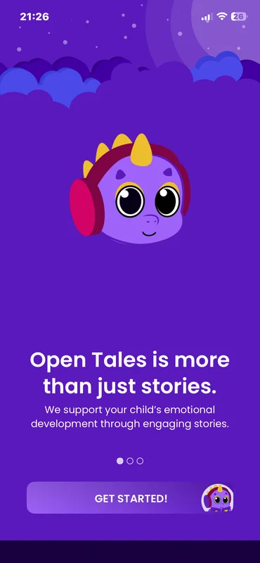 Aplikacja Open Tales - ekran powitalny z maskotką