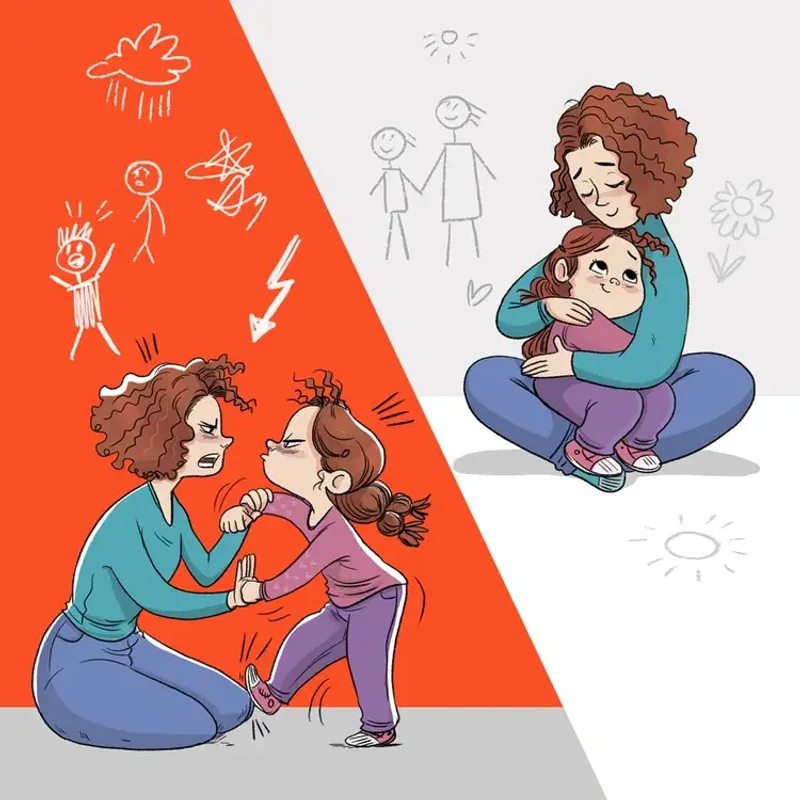 Ilustracja: spokojna mama przytula córkę - trening Cierpliwa Mama