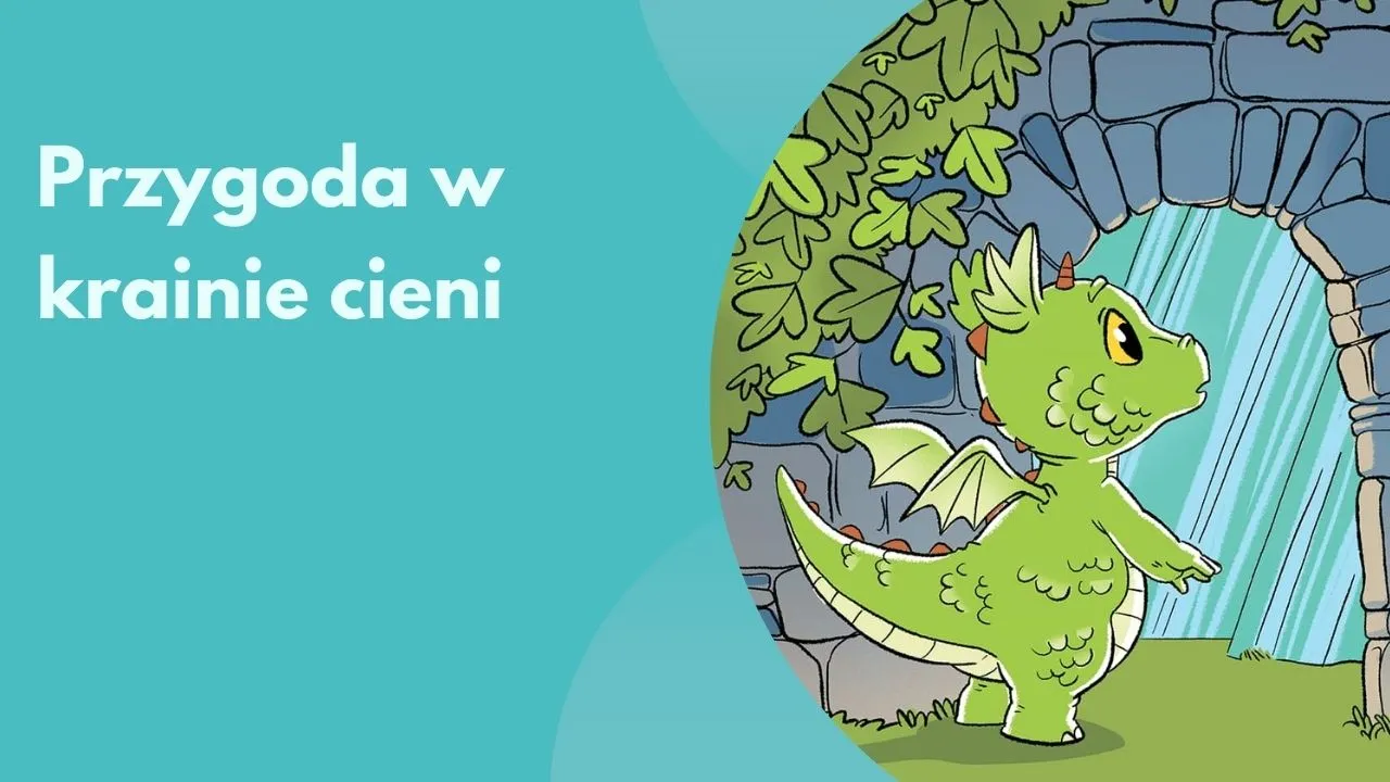 Okładka audiobajki „Przygoda w krainie cieni” — mały smok Kajtek