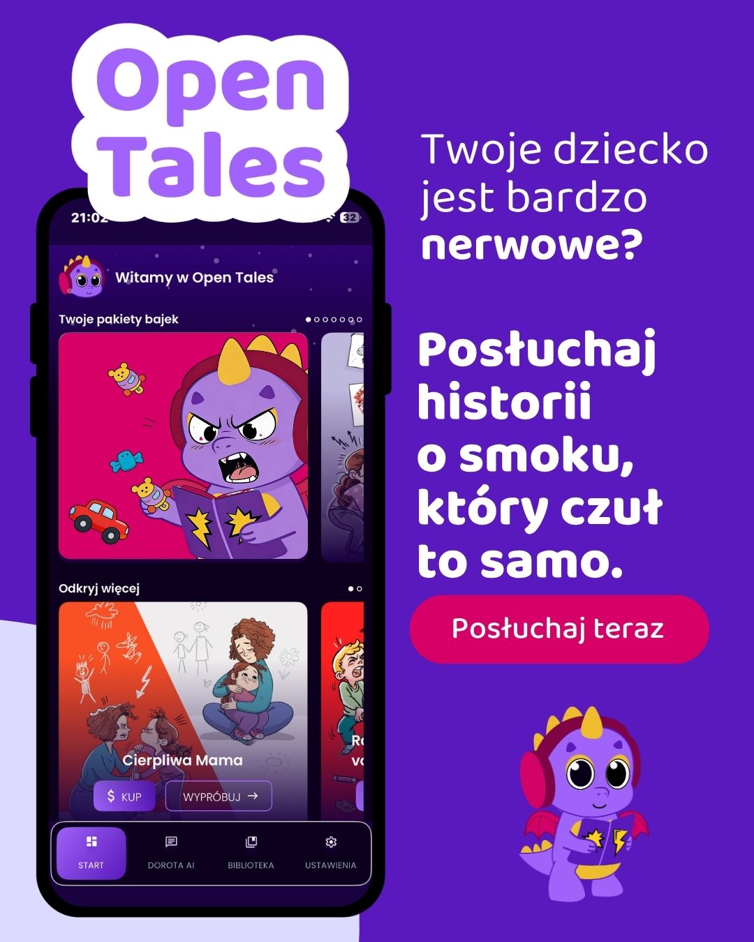 Aplikacja Open Tales: ekran z bajkami i przyjazny smok NerwoSmok - historie o emocjach dla dziecka