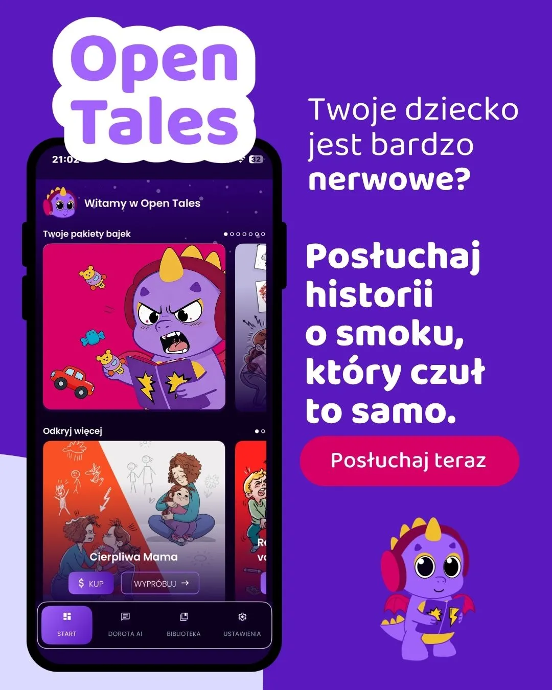 Aplikacja Open Tales: ekran z bajkami i przyjazny smok NerwoSmok - historie o emocjach dla dziecka